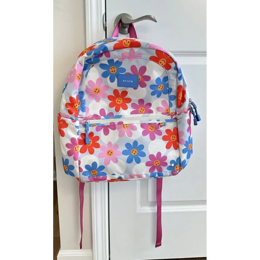 STATE Kids Backpack - White with Blue Pink Red Floral Smiley Print - Picture 2 of 10